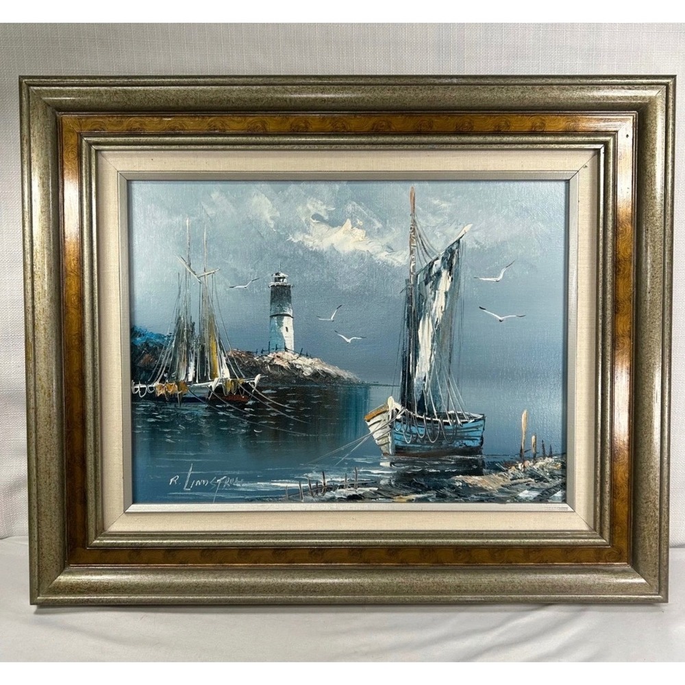 R Lindstrom Original Oil Painting Sailboats Lighthouse Nautical Framed Vintage